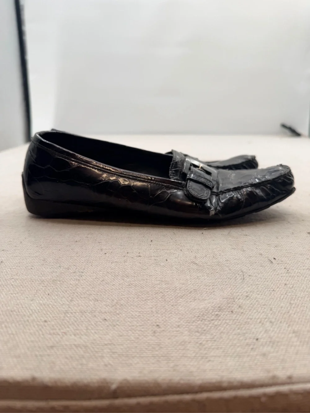 Stuart Weitzman Brown Croc-Embossed Leather Loafers with Buckle